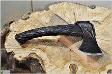 Load image into Gallery viewer, Small camping and carving Axe of Odin &quot;Hugin and Munin&quot;- Elegant, ornately decorated hatchet. For delicate works. 6th Anniversary gift.
