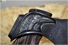 Load image into Gallery viewer, Very Special Axe in Ancient Style &quot;Nevermore&quot;- inspired by E.A.Poe poem &quot;Raven&quot;. Golden Eyes with Ruby or Black Diamonds. High carbon Steel.
