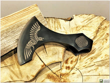 Load image into Gallery viewer, Personalized Axe Head with Author&#39;s &quot;Thor&#39;s Raven&quot; engraving. Sheath as extra Option- 6th Anniversary Gift. Axe head. Viking axe.
