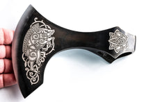 Load image into Gallery viewer, Custom Viking Axe Head with Author&#39;s &quot;Gullinbursti: The Golden Boar&quot; engraving. Freyr is God of sexual and ecological fertility. Men gift.
