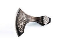 Load image into Gallery viewer, Custom Viking Axe Head with Author&#39;s &quot;Gullinbursti: The Golden Boar&quot; engraving. Freyr is God of sexual and ecological fertility. Men gift.
